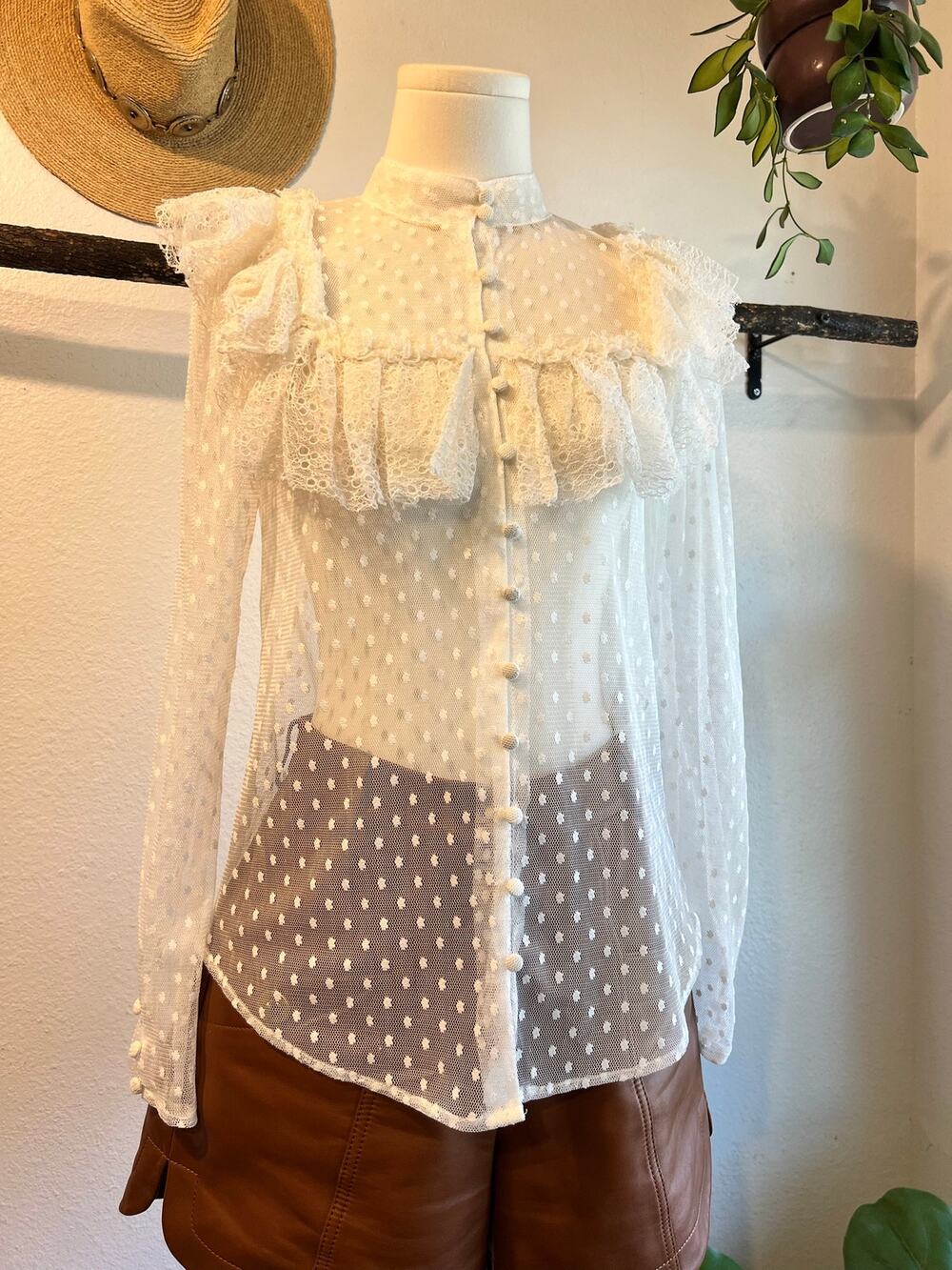 Sandra Mansour x H&M White Sheer Ruffled Swiss Dot Lace Blouse Size XS